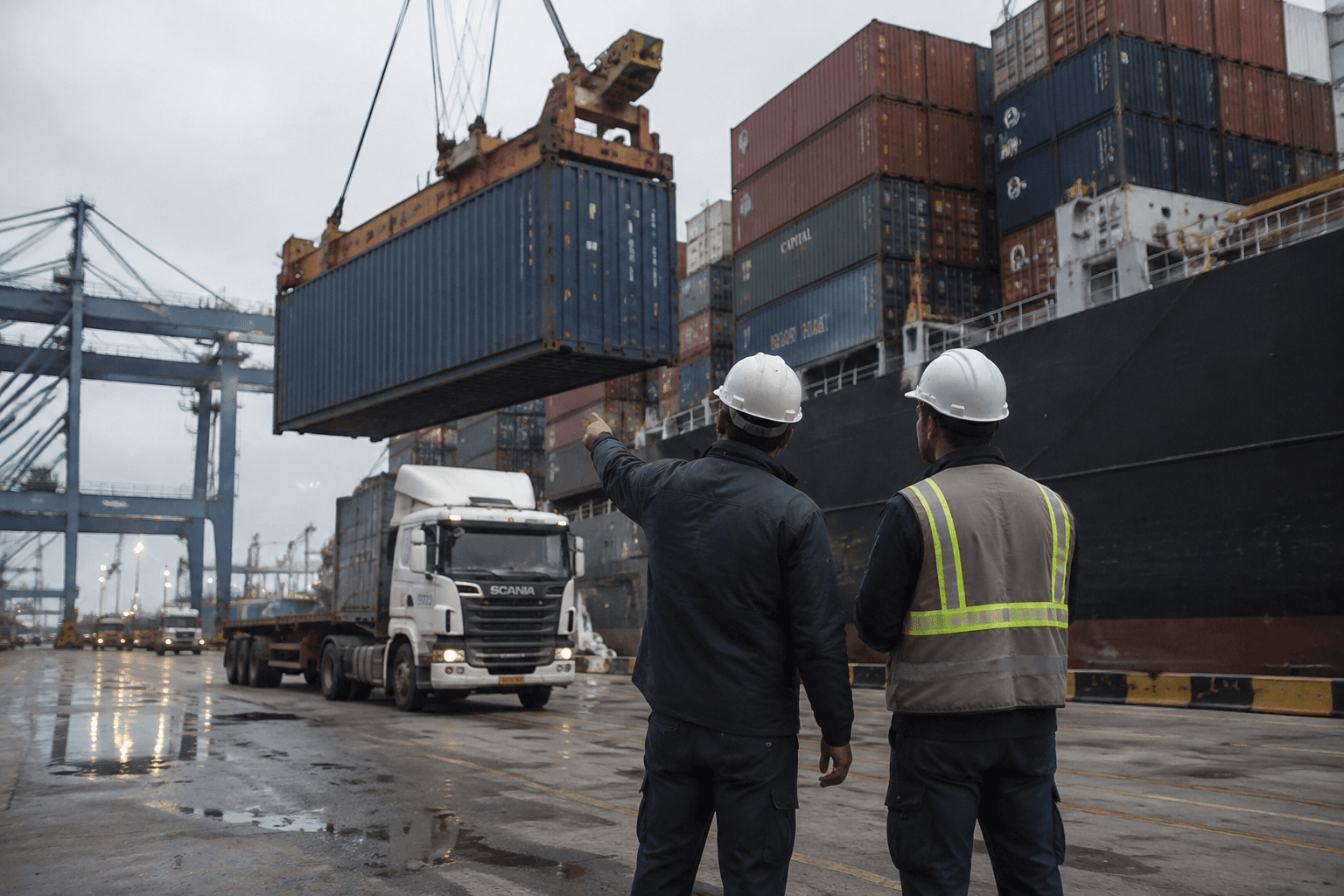 Container ship and crane during cargo loading